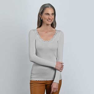 Rosemunde Langarm-Seidenshirt mit Spitze Babette Grau