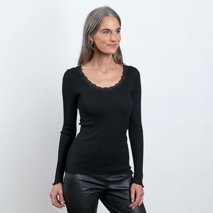 Rosemunde Langarm-Seidenshirt  mit Spitze Babette Grau M